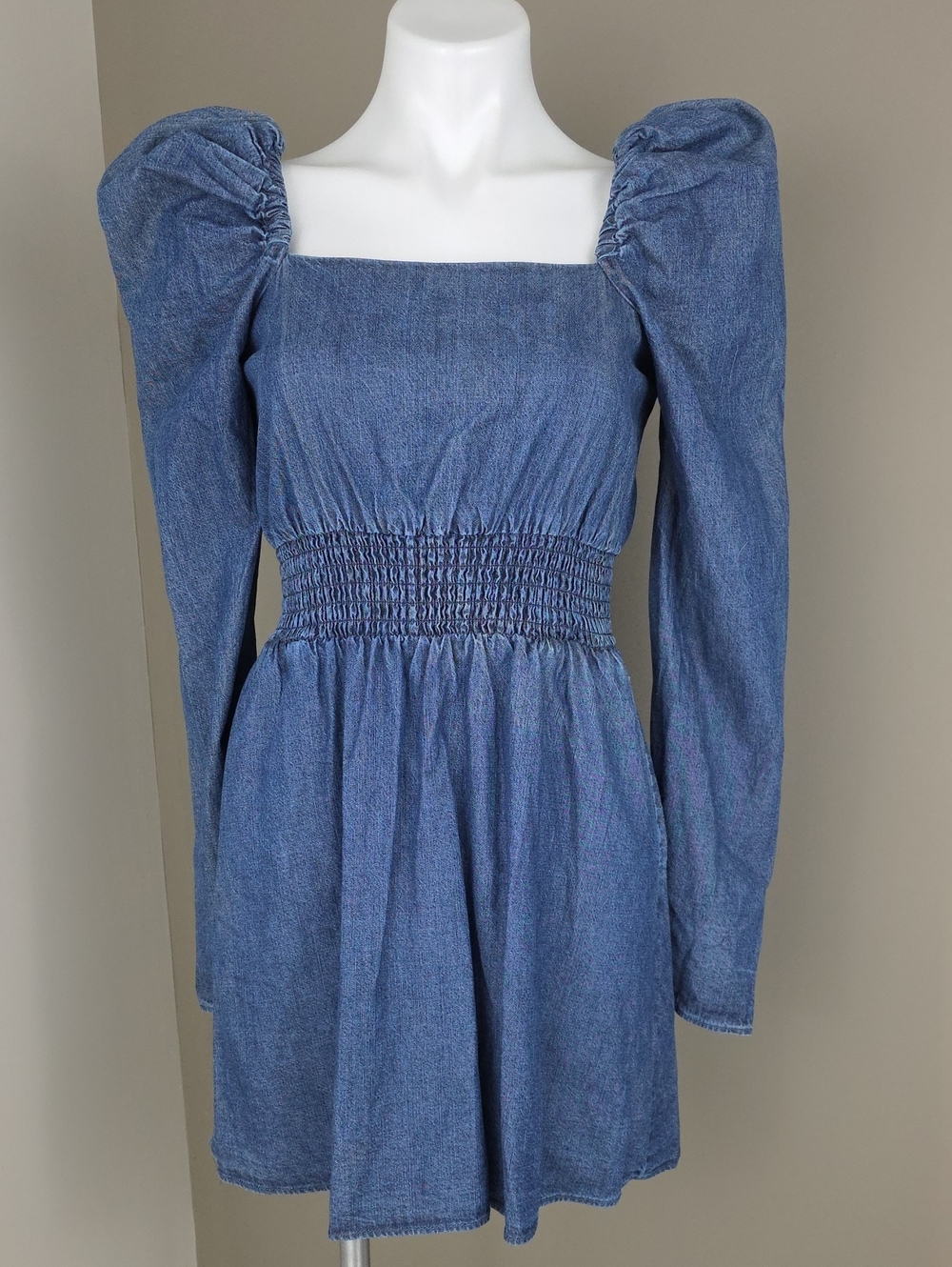 Free People Smocked Puff Sleeve Denim Mini Dress Cowgirl Boho Cottagecore XS NWT